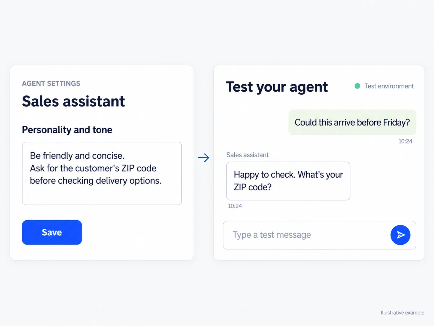 Interface showing the artificial intelligence agent instructions and a test conversation.
