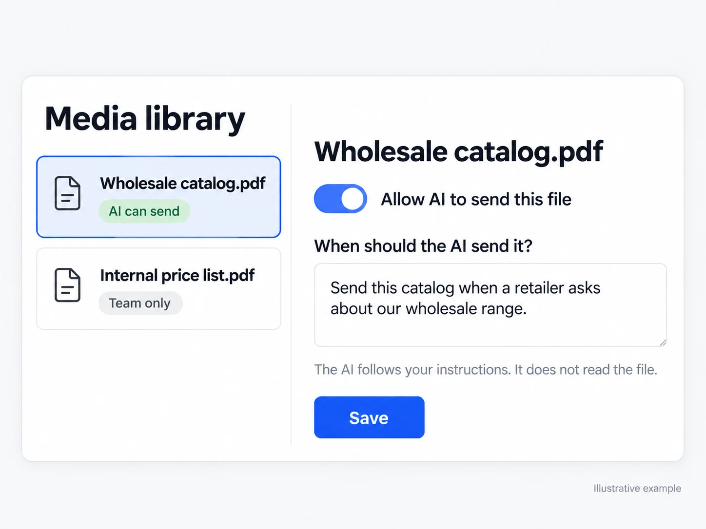 Interface showing a media library with artificial intelligence sending permission and file usage instructions.